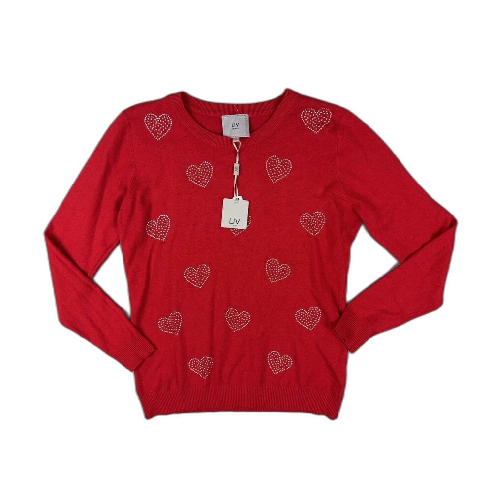 Liv Milano Size L Womens Sweater Cayenne Red Bling Hearts Knit Compression